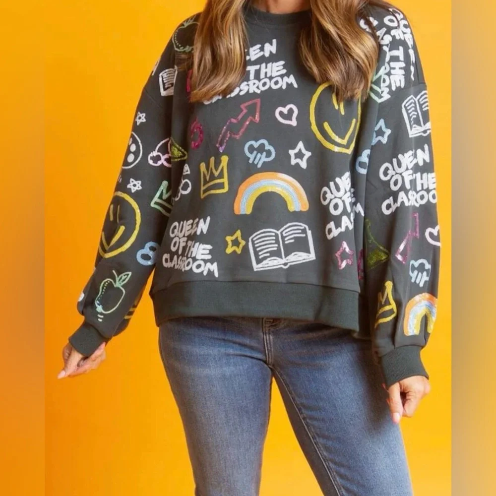 New! QUEEN OF SPARKLES Queen of Classroom School Icon Oversized Sweatshirt - Picture 8 of 8